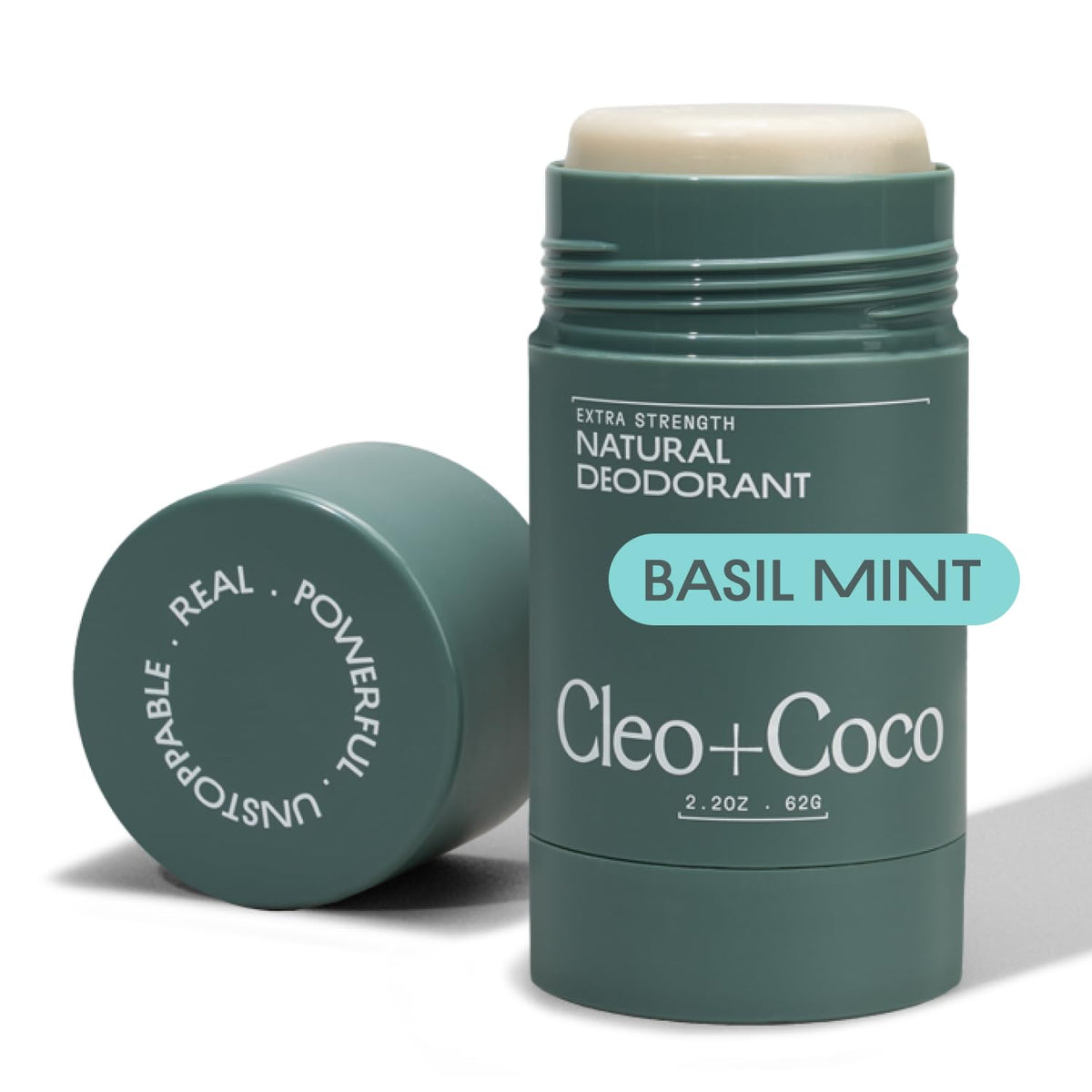 Cleo+Coco extra-strength deodorant balm Basil Mint bottle for long-lasting freshness.