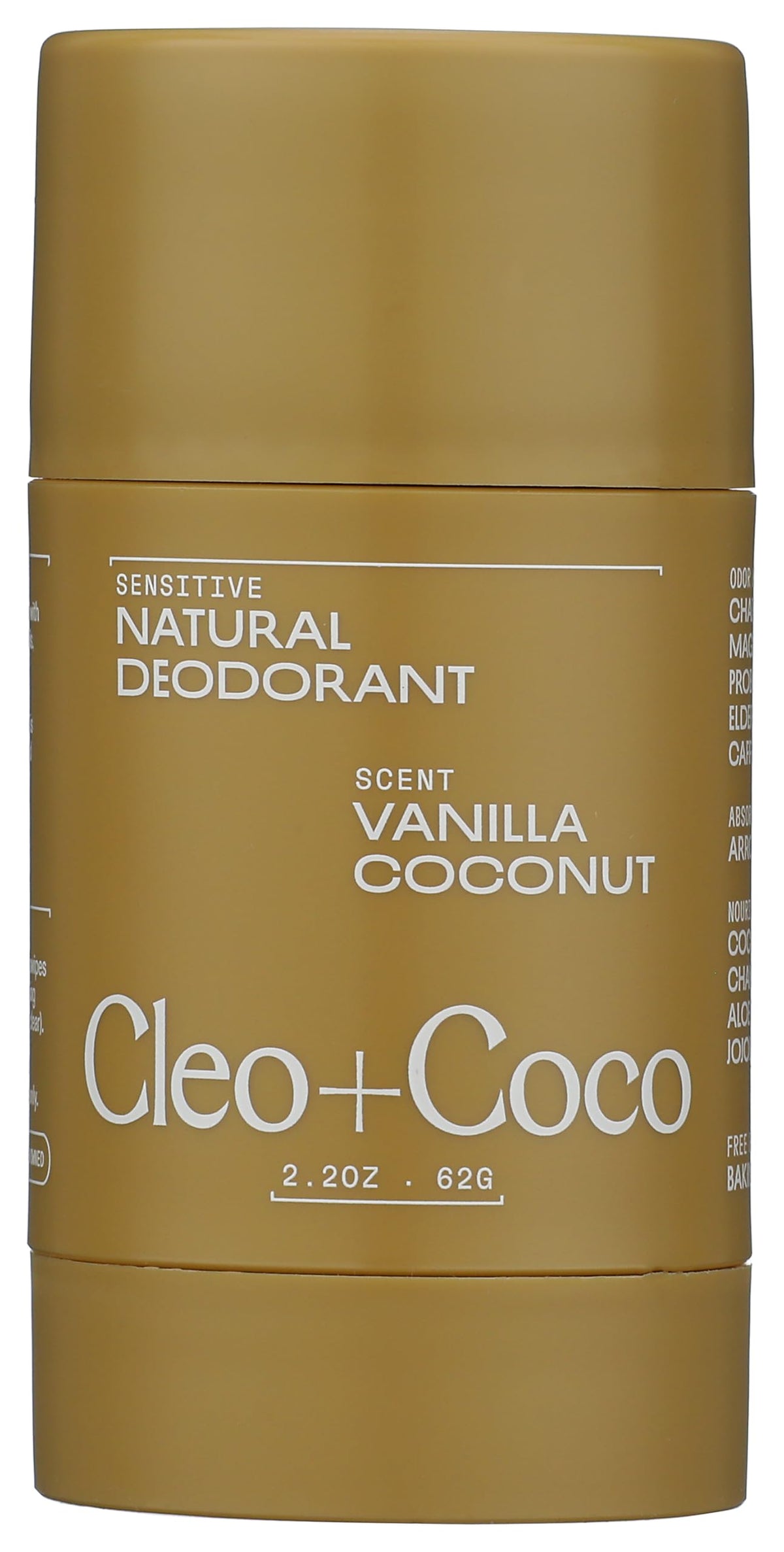 Cleo+Coco Sensitive Deodorant Balm vanilla coconut packaging highlights clean vegan branding
