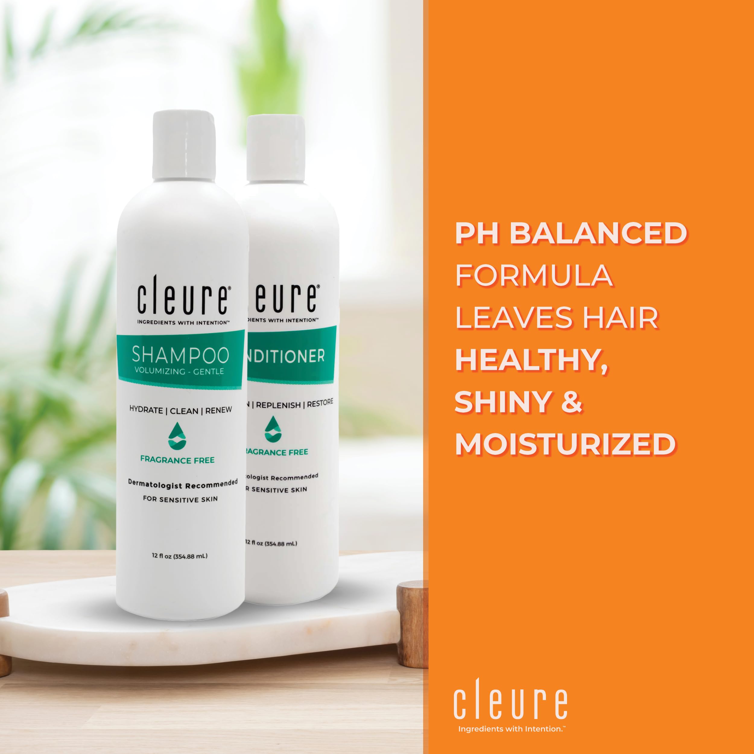 Cleure conditioner bottle side highlights fragrance-free nourishment for dry or damaged hair.