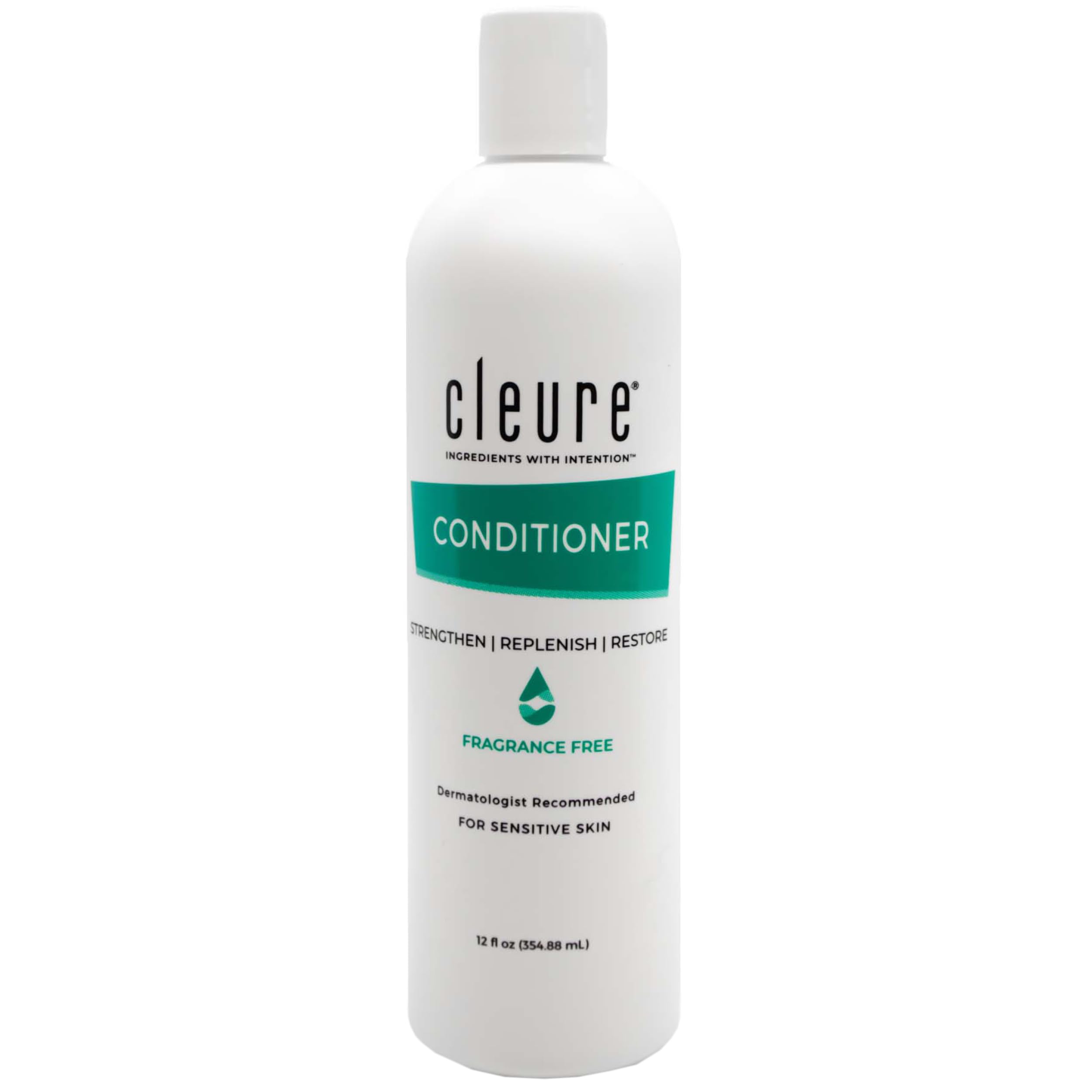 Cleure Hydrating Fragrance Free Conditioner bottle demonstrates unscented moisture for sensitive hair
