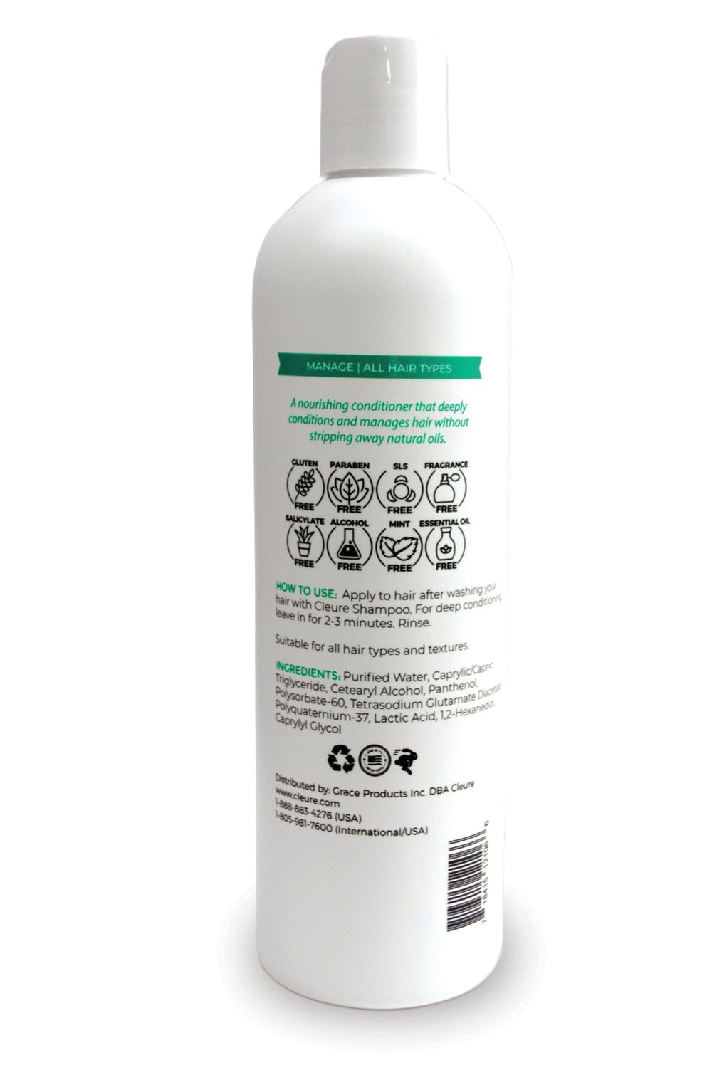 Cleure Hydrating Fragrance Free Conditioner glycerin focus shows moisture retention and hair-softening benefits