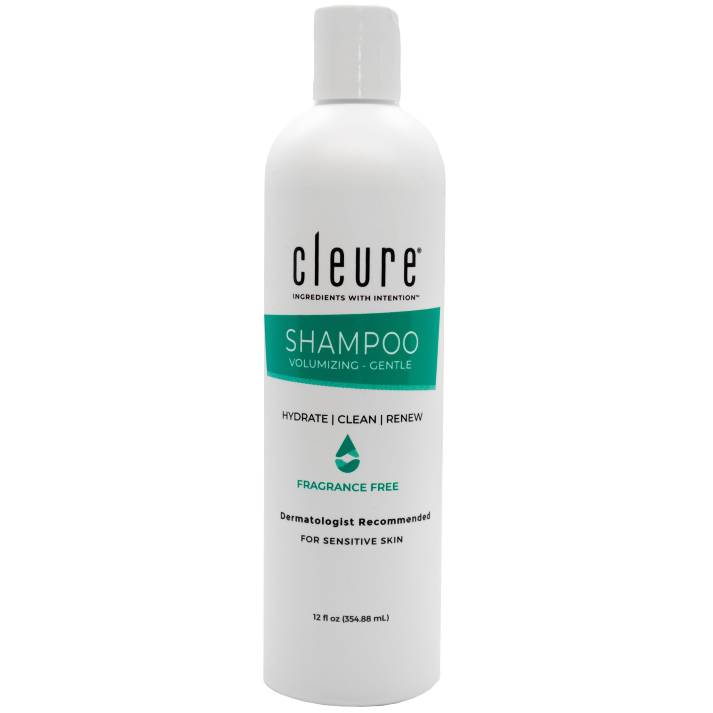 Cleure hypoallergenic volumizing shampoo bottle front shows fragrance-free formula for sensitive skin.