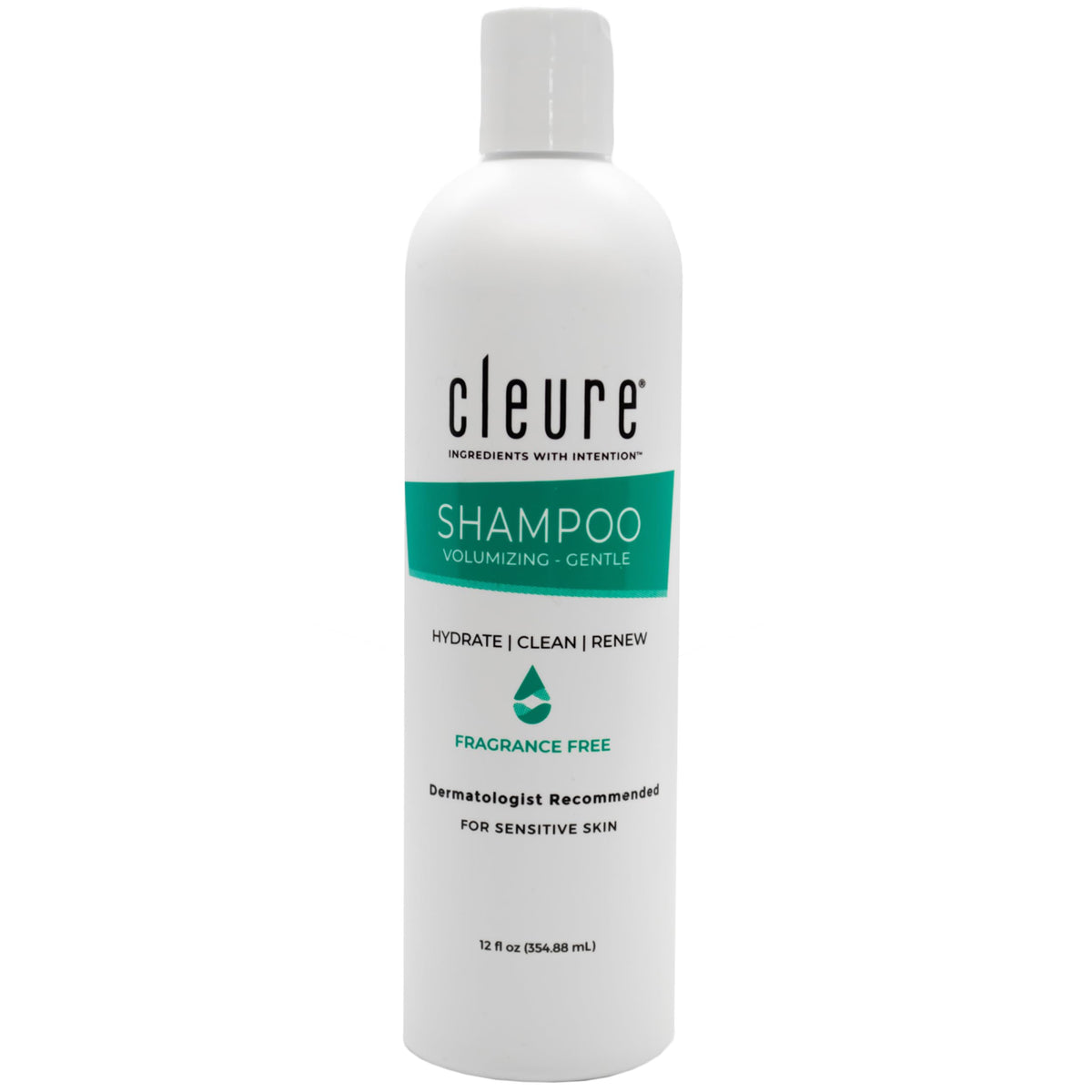 Cleure hypoallergenic volumizing shampoo bottle front shows fragrance-free formula for sensitive skin.
