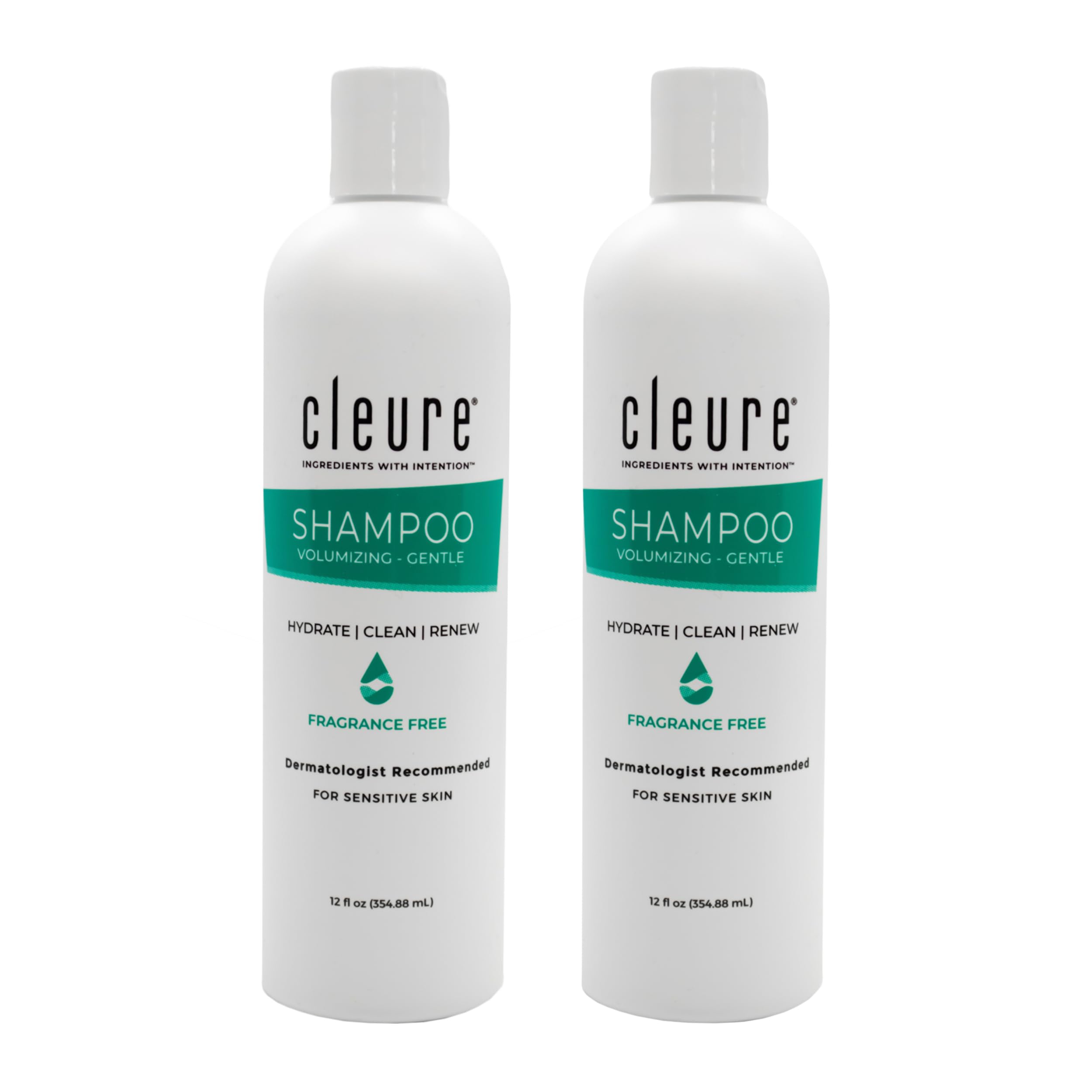Cleure hypoallergenic volumizing shampoo bottle shows fragrance-free formula for gentle cleansing