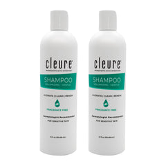 Cleure hypoallergenic volumizing shampoo bottle shows fragrance-free formula for gentle cleansing