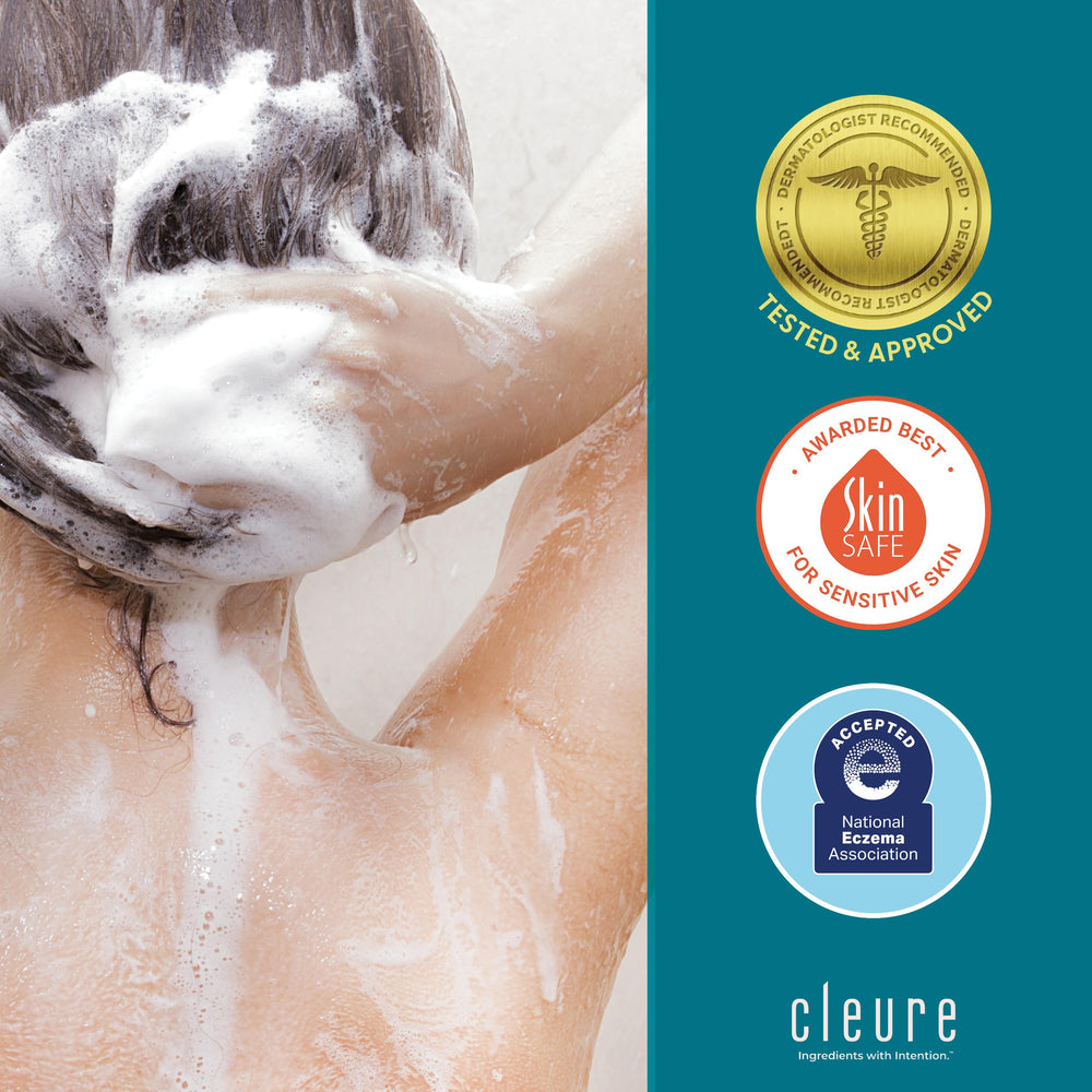 Cleure hypoallergenic volumizing shampoo package beauty shot highlights mild formulation for allergy-prone skin.