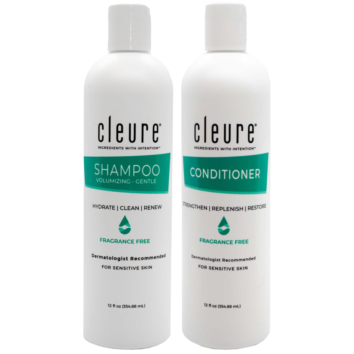 Cleure shampoo bottle front shows sulfate-free formula for sensitive skin.