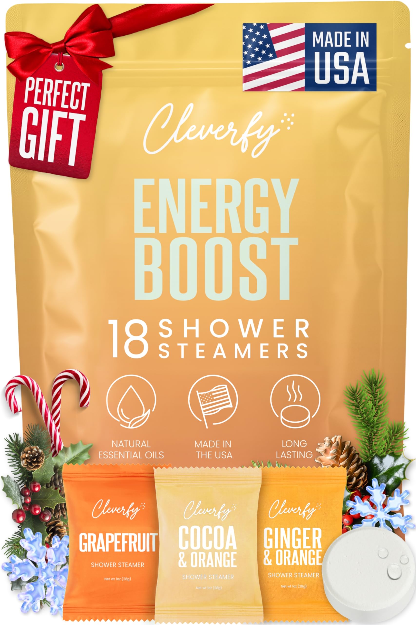 Cleverfy Citrus Shower Steamers packaging shown as a premium gift for home aromatherapy