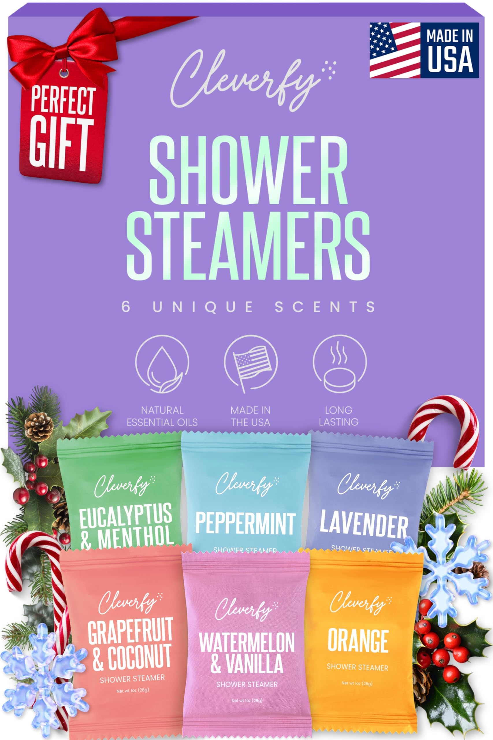 Cleverfy shower steamers packaging shown as a gift-ready set for relaxing home spa moments.