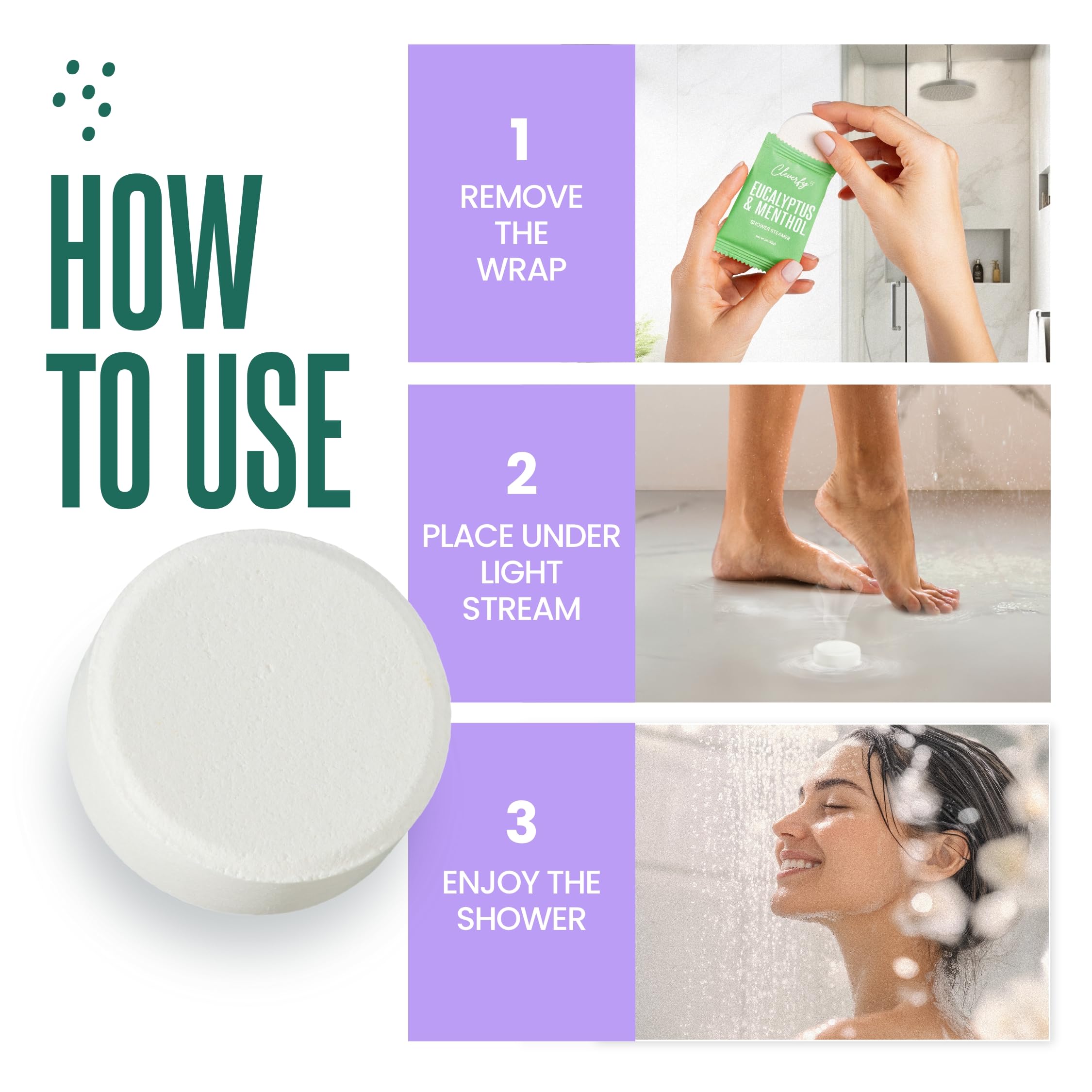 Cleverfy peppermint tablet conveys cooling, clarifying aroma for post-workout showers.