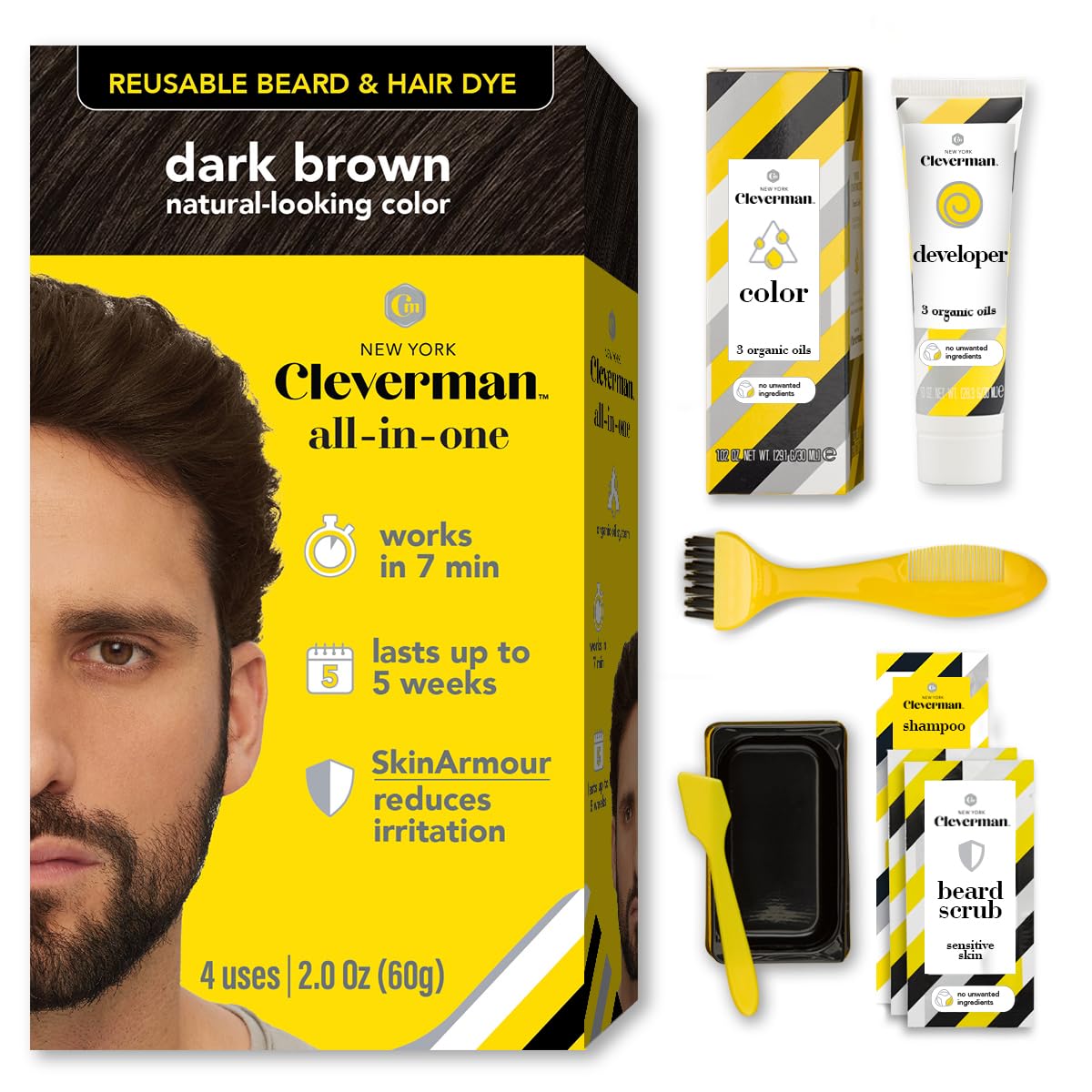 Cleverman dark brown hair dye kit packaging demonstrates professional color at home.