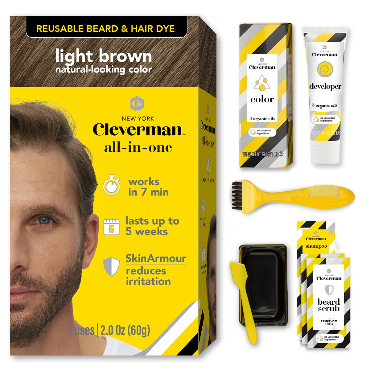 Cleverman Hair Dye Kit—unboxing reveals complete set for home color and gray coverage.
