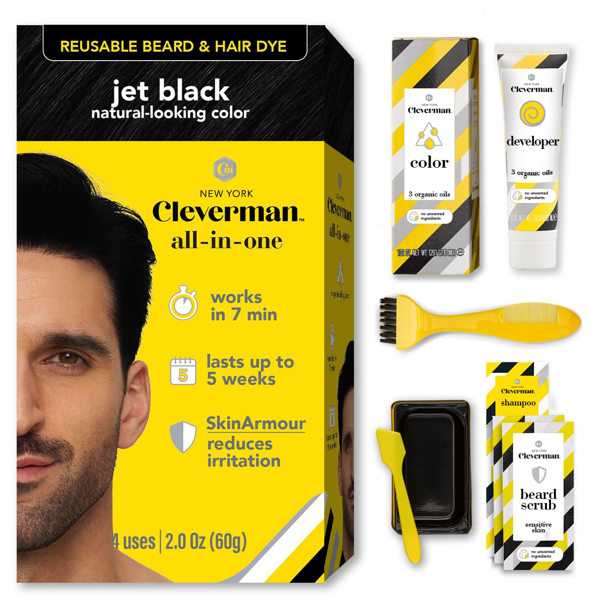 CLEVERMAN Jet Black Hair Dye Kit application shows precise gray coverage with a mess-free finish.