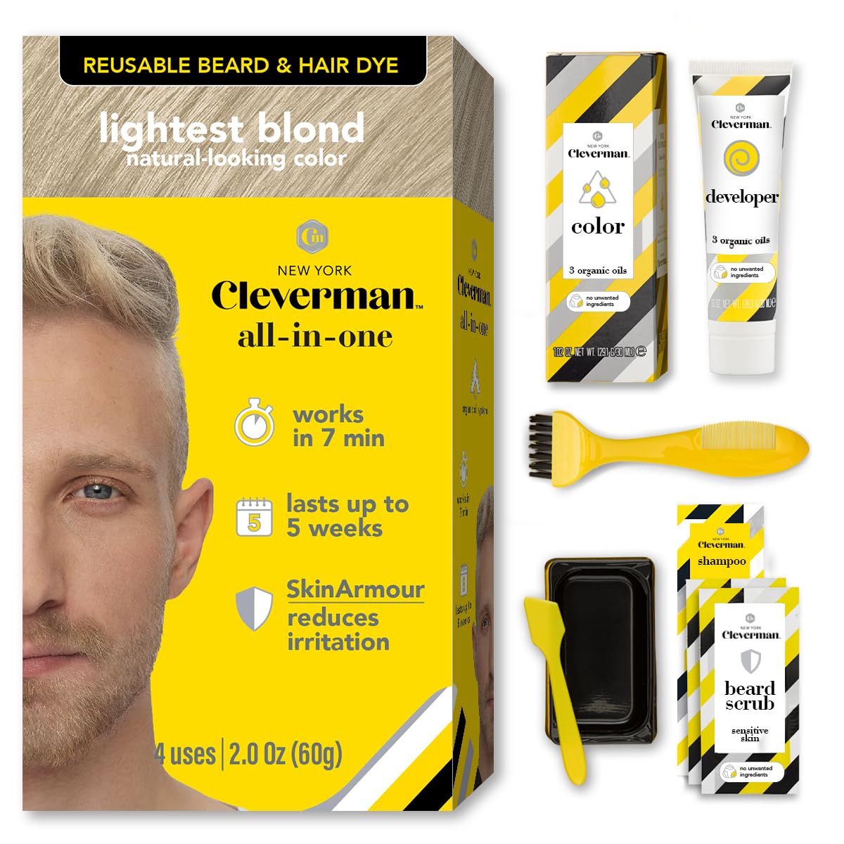 Cleverman packaging shows the lightest blond dye kit for natural gray coverage.