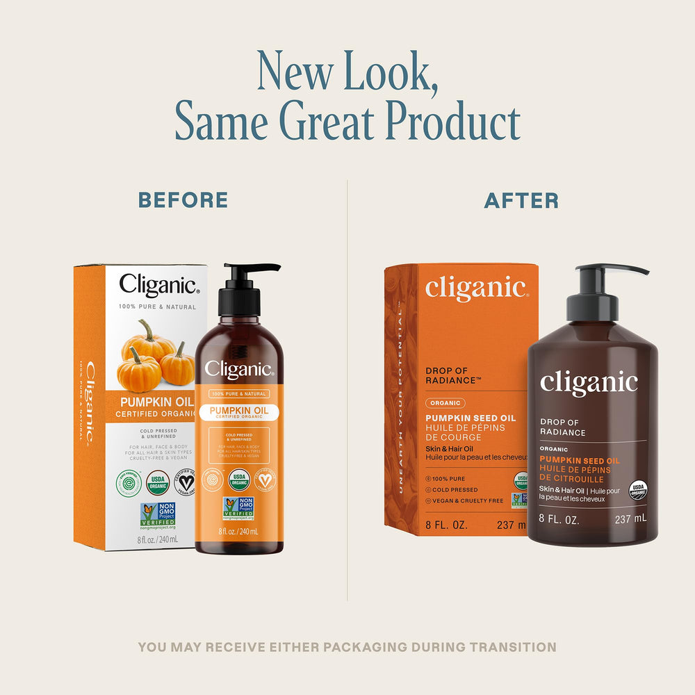 Cliganic Aceite de Semilla de Calabaza, bote cerrado, sello de pureza y uso versátil para la piel.