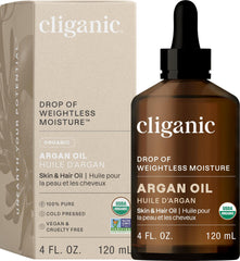 Cliganic Organic Argan Oil bottle shows multipurpose hydration for hair and skin