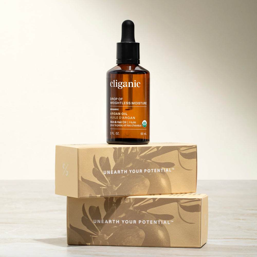 Cliganic Organic Argan Oil packaging close-up reinforces minimal processing