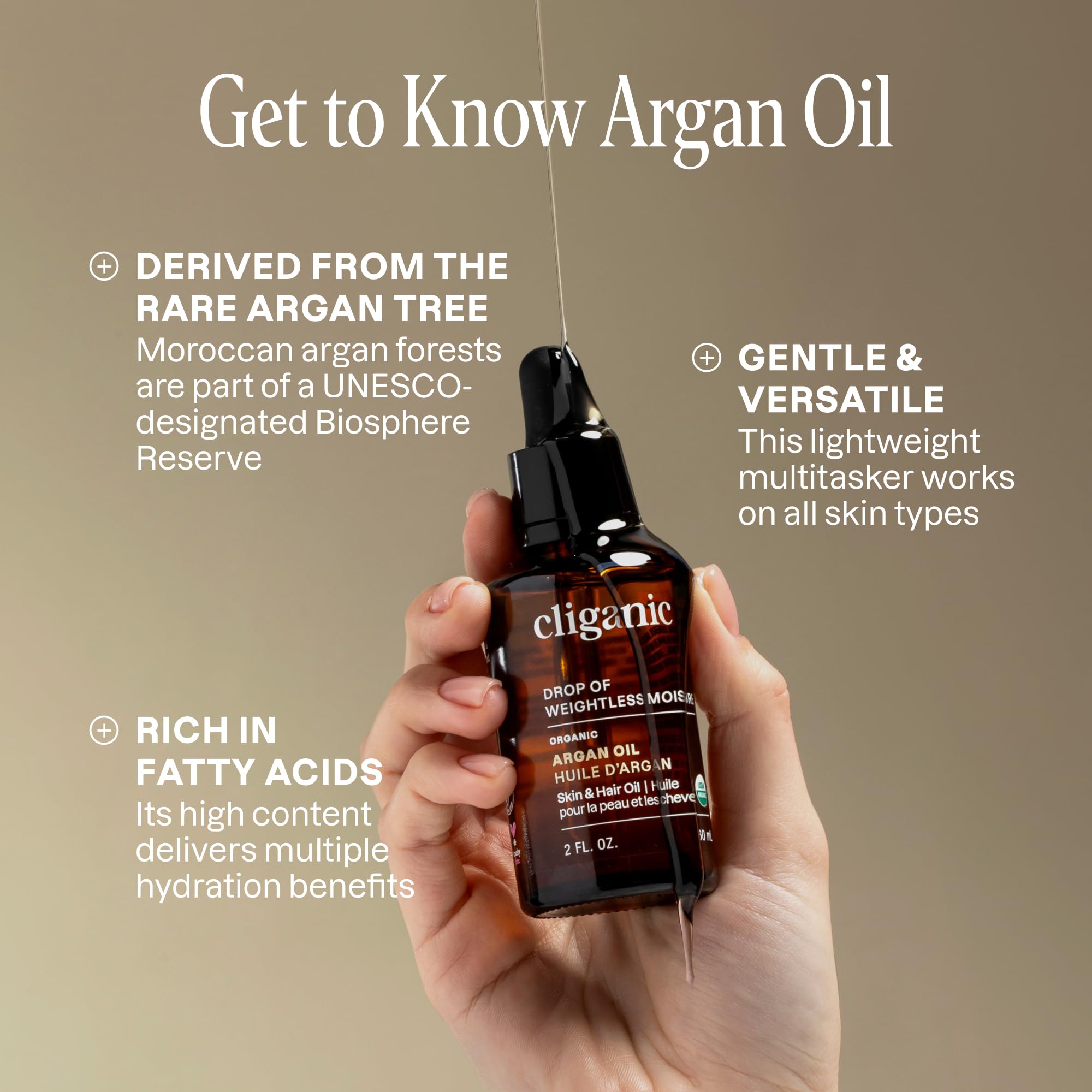 Cliganic Argan Oil pump dispense action for mess-free routines.