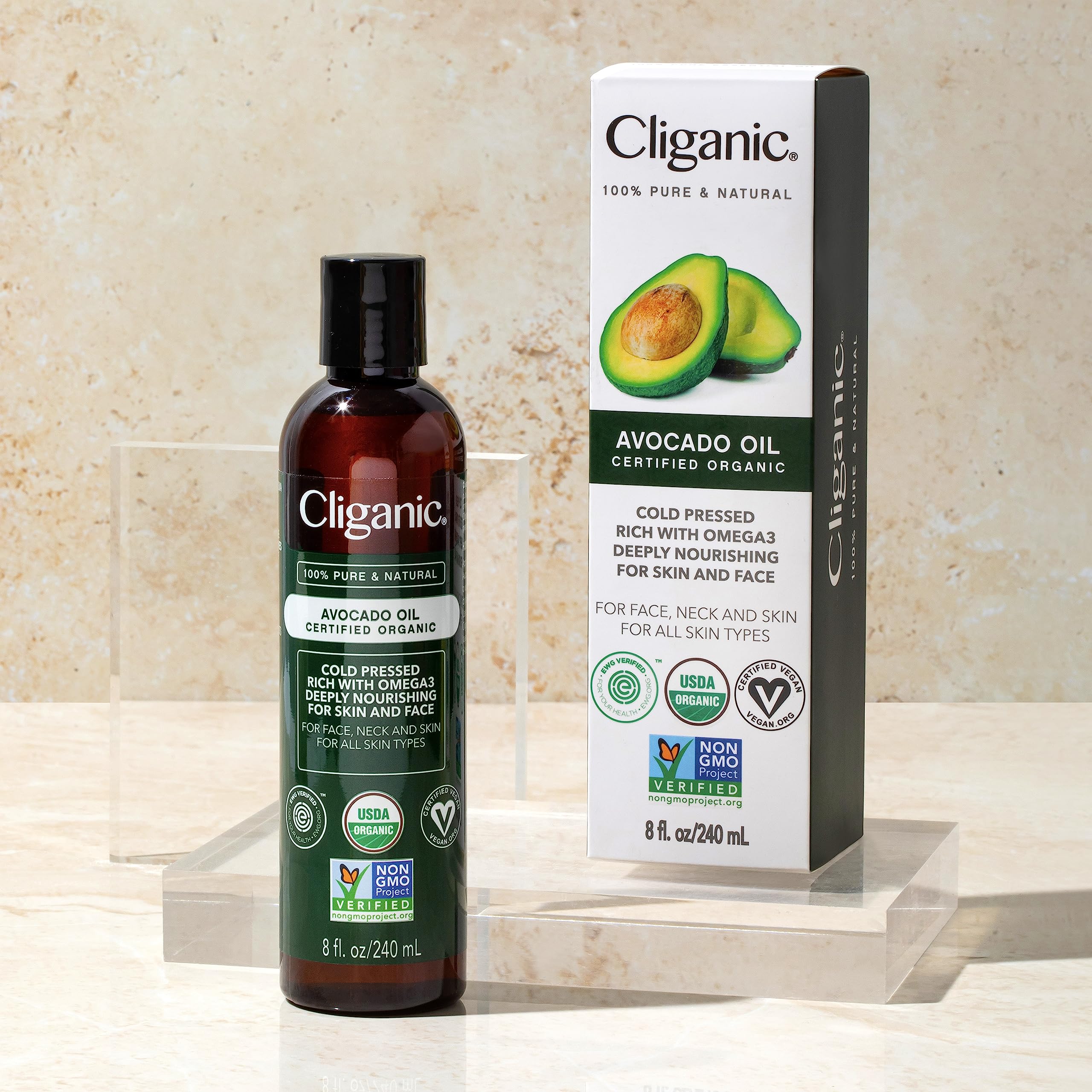 Cliganic Organic Avocado Oil used on hair for shine and manageability.