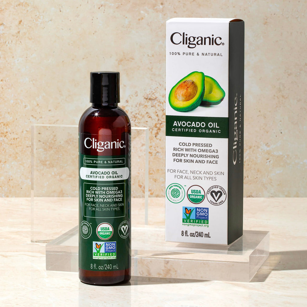 Cliganic Organic Avocado Oil used on hair for shine and manageability.