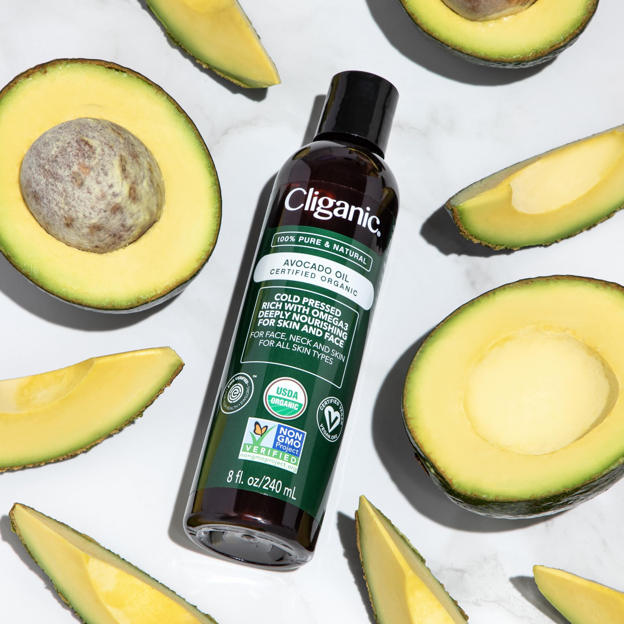 Cliganic Organic Avocado Oil label close-up showing organic certification.