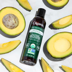 Cliganic Organic Avocado Oil label close-up showing organic certification.