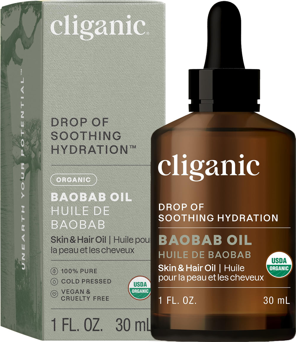 Cliganic Baobab Oil bottle on white background shows pure, single-ingredient formula for face and hair care.