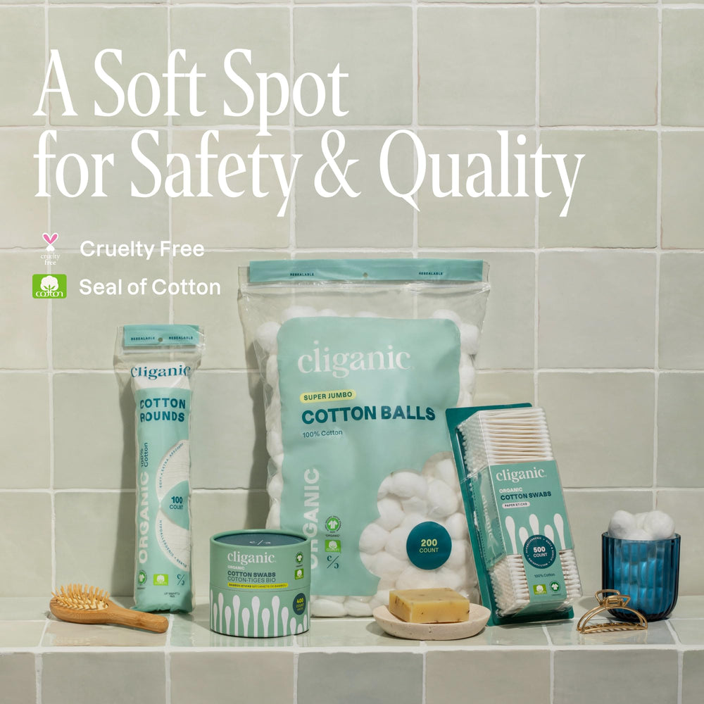 Cliganic cotton rounds stored in bathroom for convenience