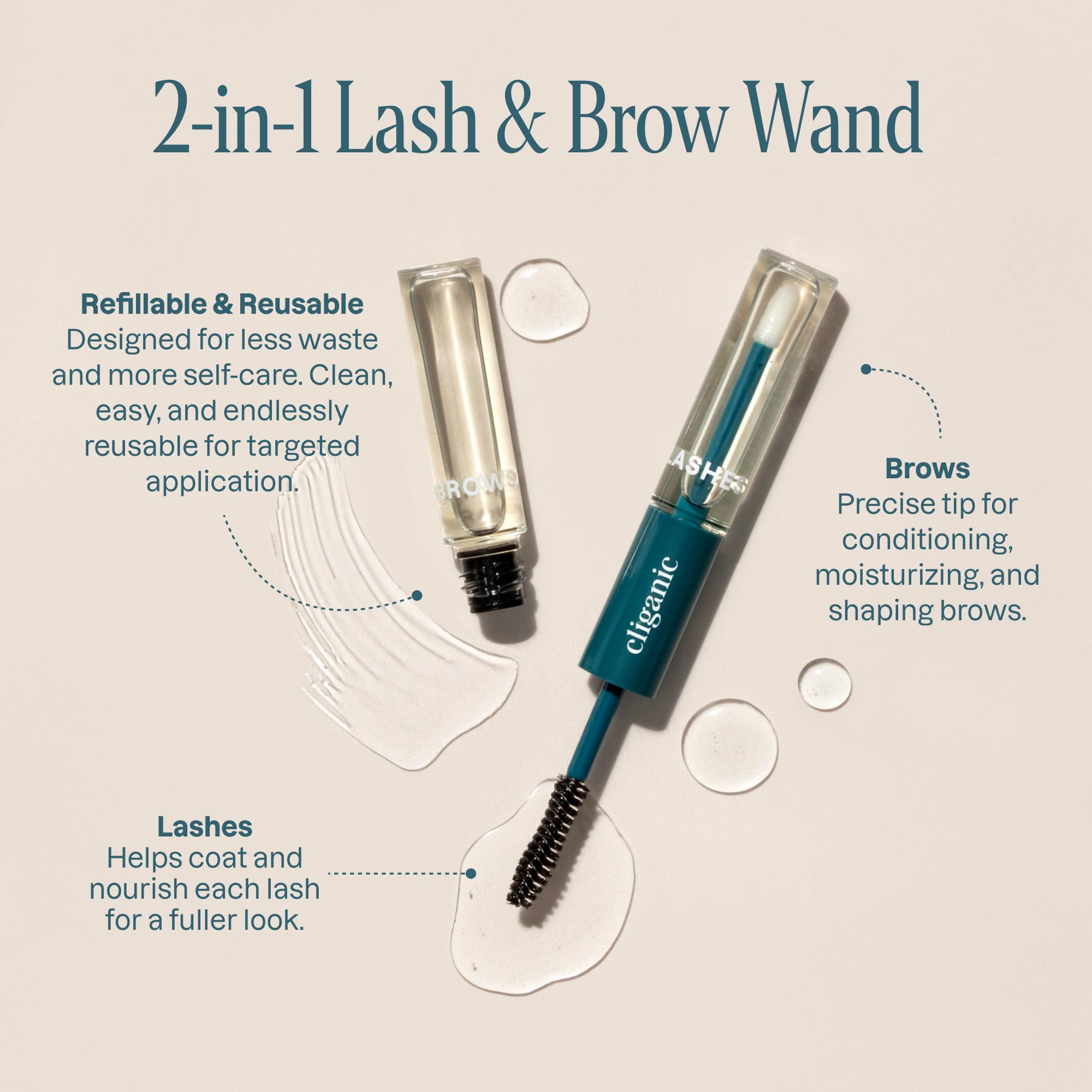 Cliganic eyelash kit wand and brush demonstrates easy at-home lash care.