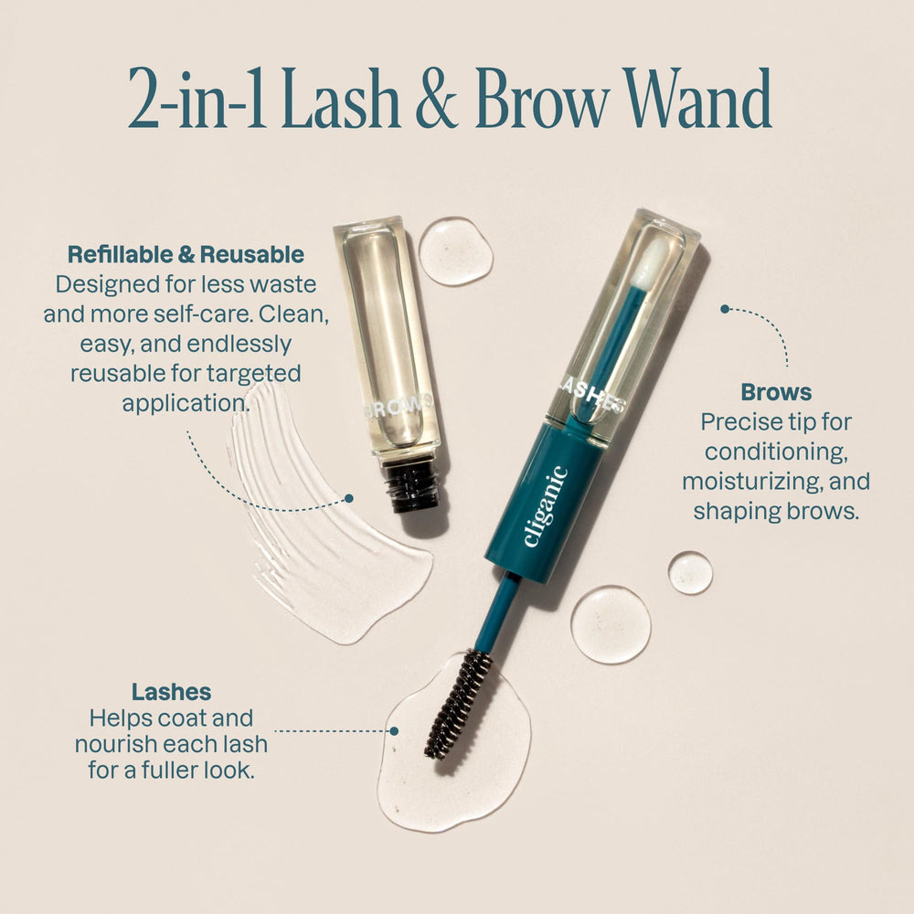 Cliganic eyelash kit wand and brush demonstrates easy at-home lash care.