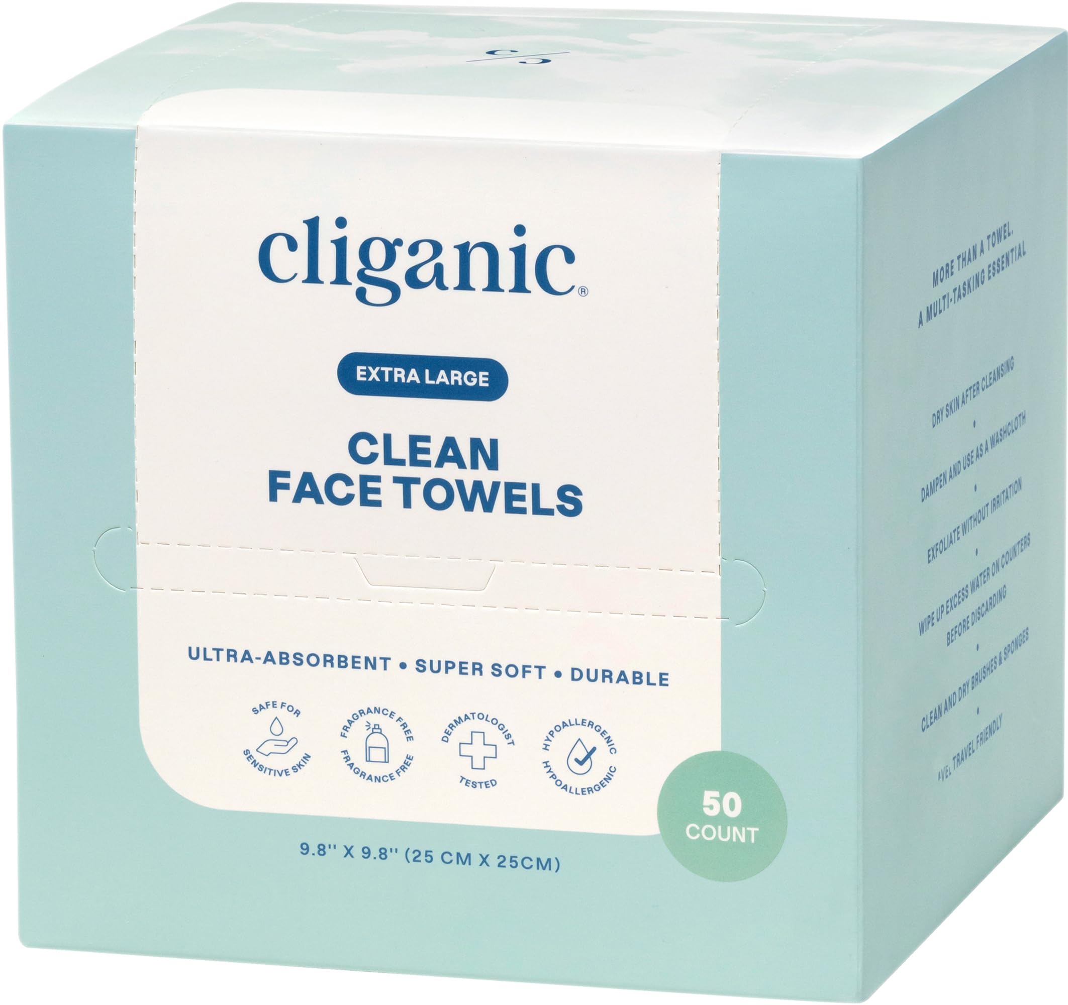 Cliganic Clean Face Towels XL fragrance-free packaging reinforces irritation-free skincare routine.
