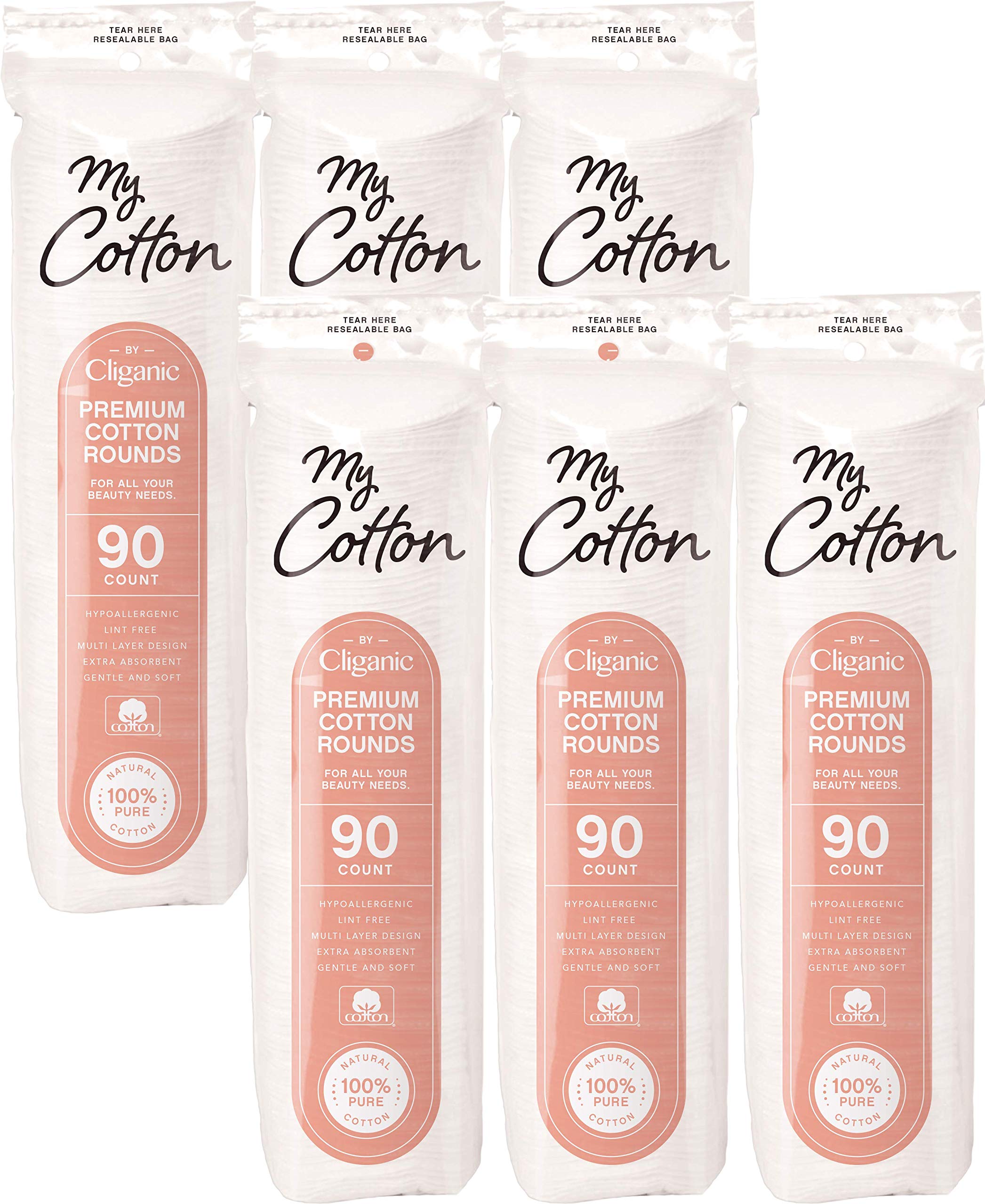 Cliganic cotton rounds 540-count stack showing plush fibers for gentle makeup removal