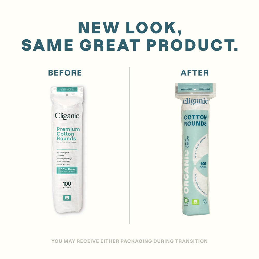 Cliganic Organic Cotton Rounds closeup texture shows soft, lint-free quality for gentle cleansing.