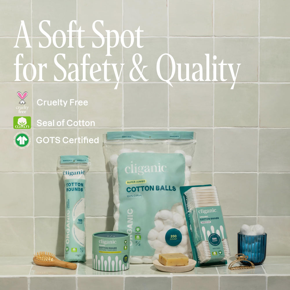 Cliganic Cotton Rounds cruelty-free symbol reinforces ethical, vegan-friendly skincare.