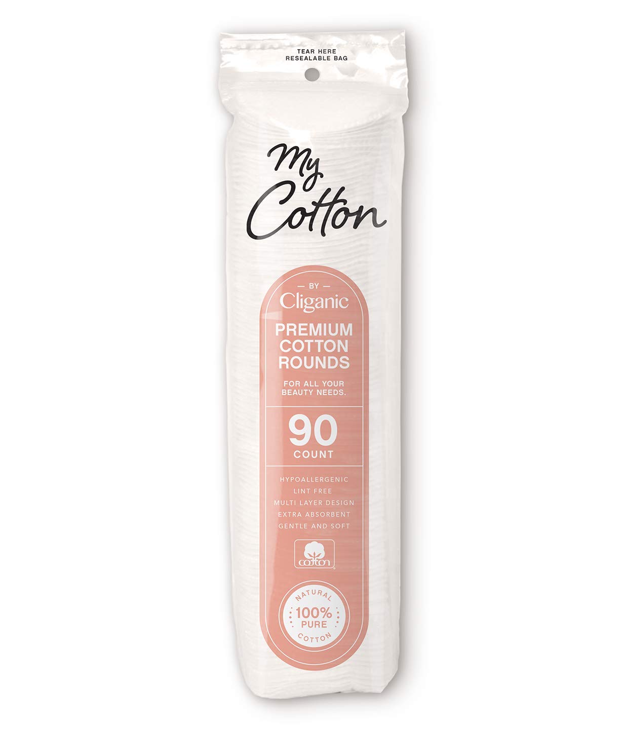 Cliganic cotton rounds close-up, multi-layer absorbing texture for effective makeup removal.