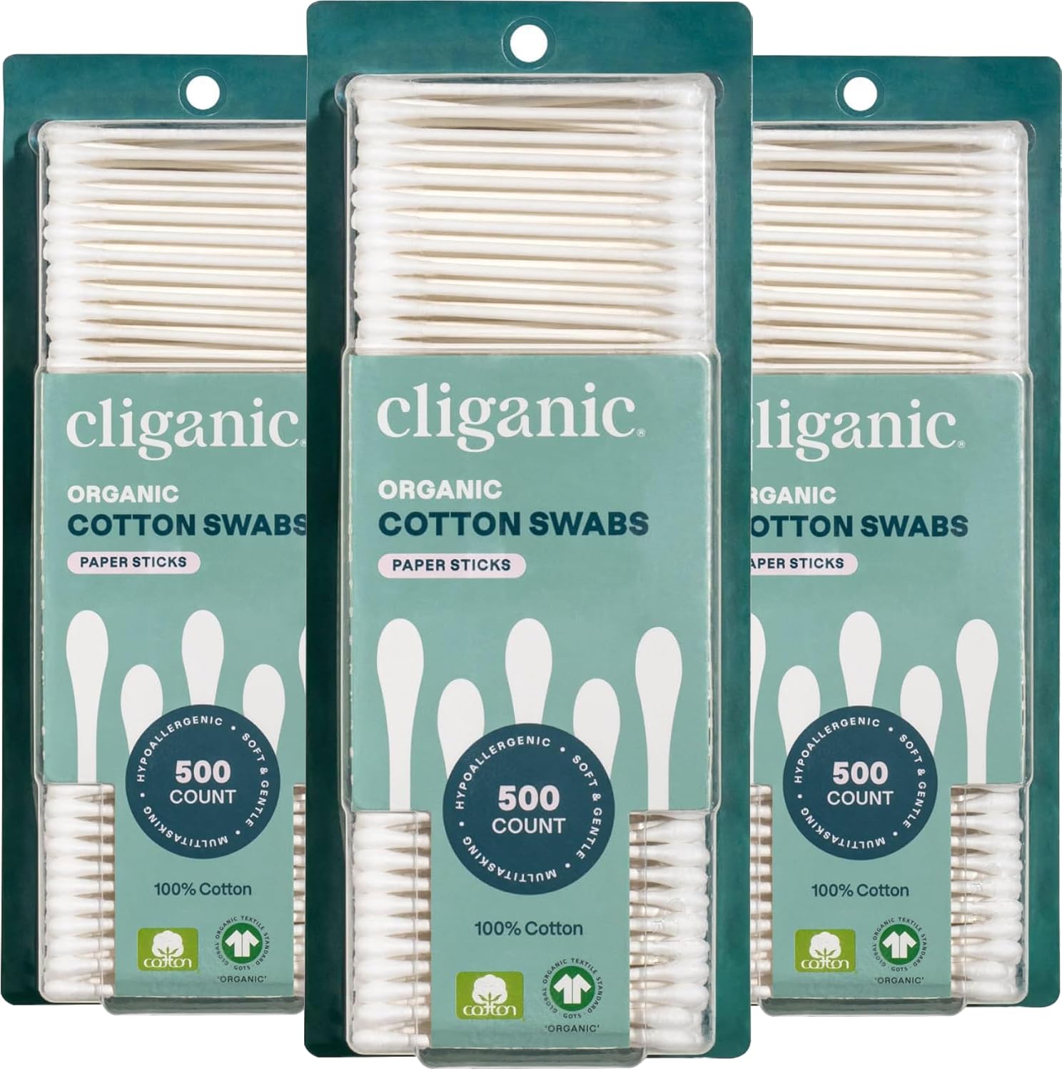 Cliganic cotton swabs front pack view, 1500-count, convenient for everyday makeup removal.