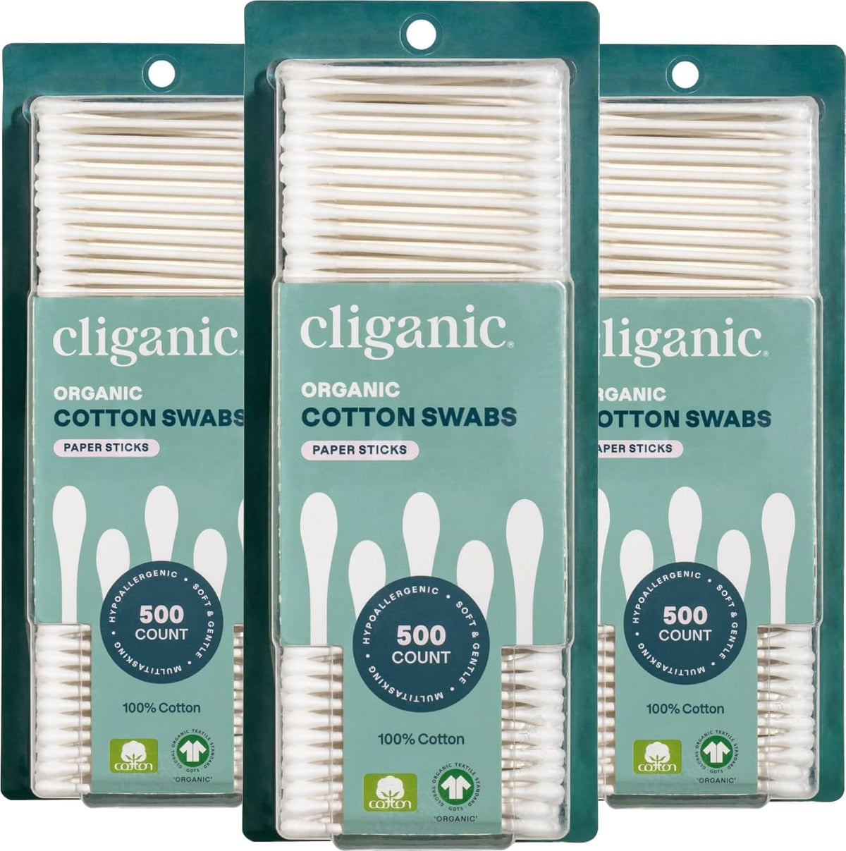 Cliganic cotton swabs front pack view, 1500-count, convenient for everyday makeup removal.