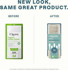 Cliganic cotton swabs label close-up, highlighting chlorine-free, hypoallergenic materials for sensitive skin.
