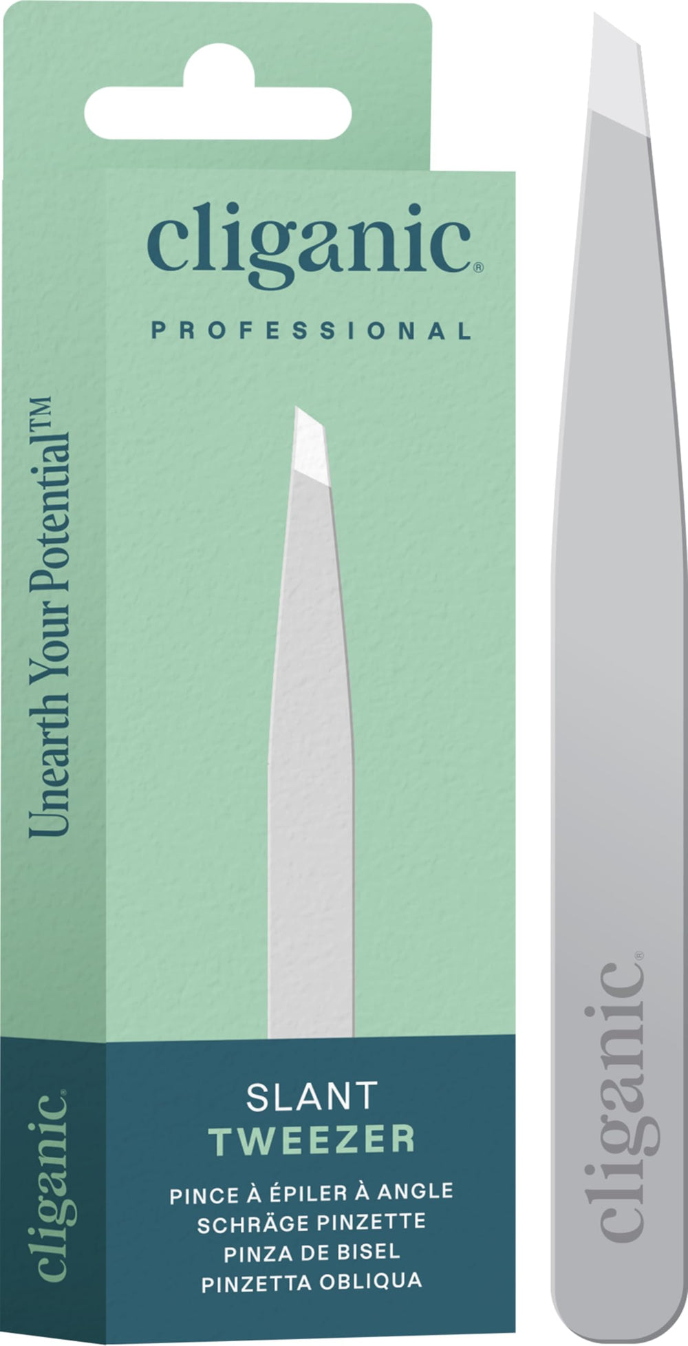 Cliganic eyebrow tweezers slant tip silver closeup showing precise brow shaping