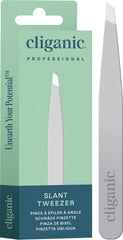Cliganic eyebrow tweezers slant tip silver closeup showing precise brow shaping
