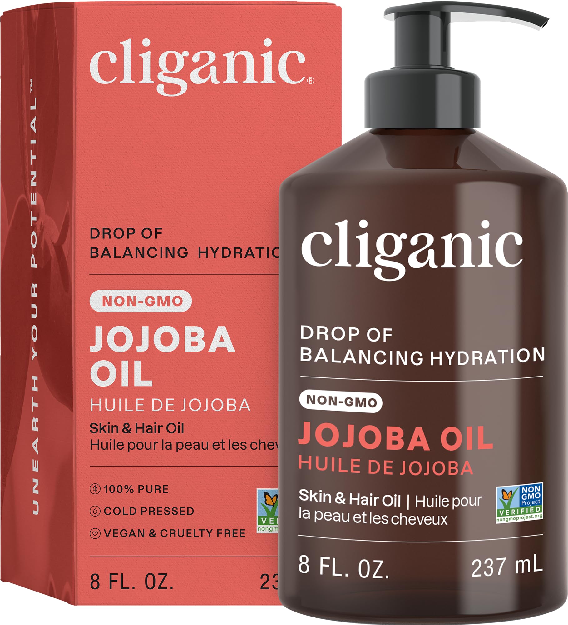 Cliganic jojoba oil 8oz pump bottle for face, skin and hair care.