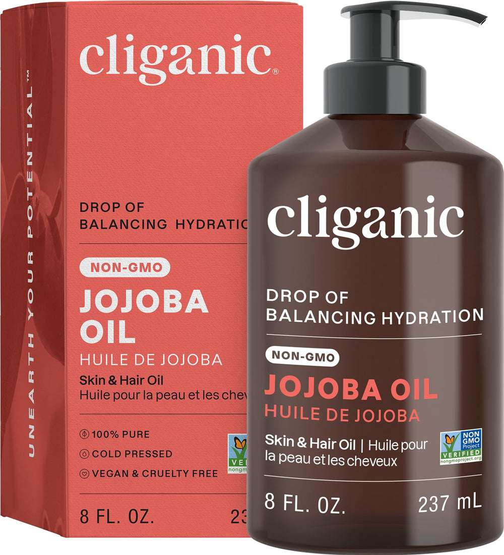 Cliganic jojoba oil 8oz pump bottle for face, skin and hair care.
