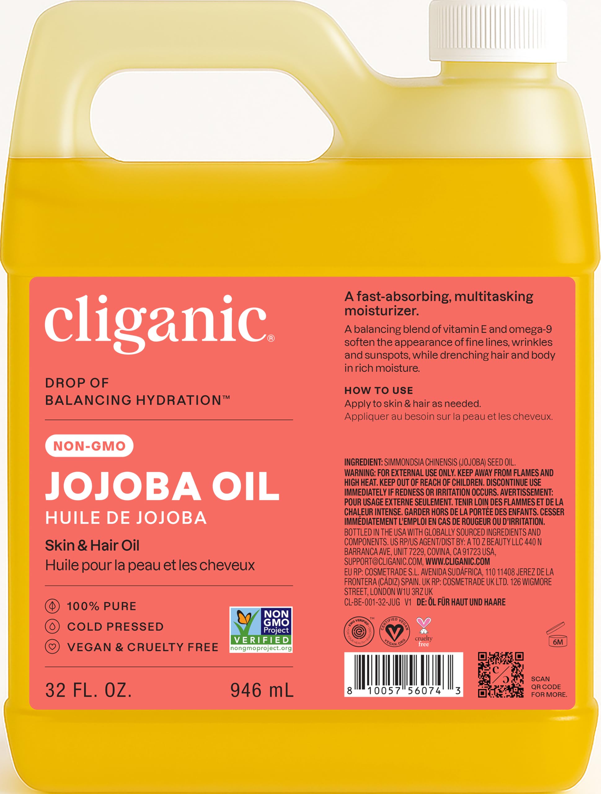 Cliganic jojoba oil bulk 32oz amber bottle supports DIY skincare and hair care.