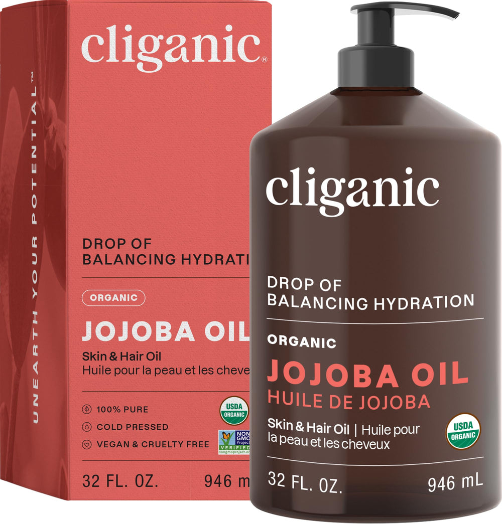 Cliganic Jojoba Oil 32 oz bulk with pump for easy dispensing in DIY skincare.