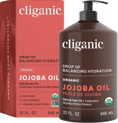 Cliganic Jojoba Oil 32 oz bulk with pump for easy dispensing in DIY skincare.