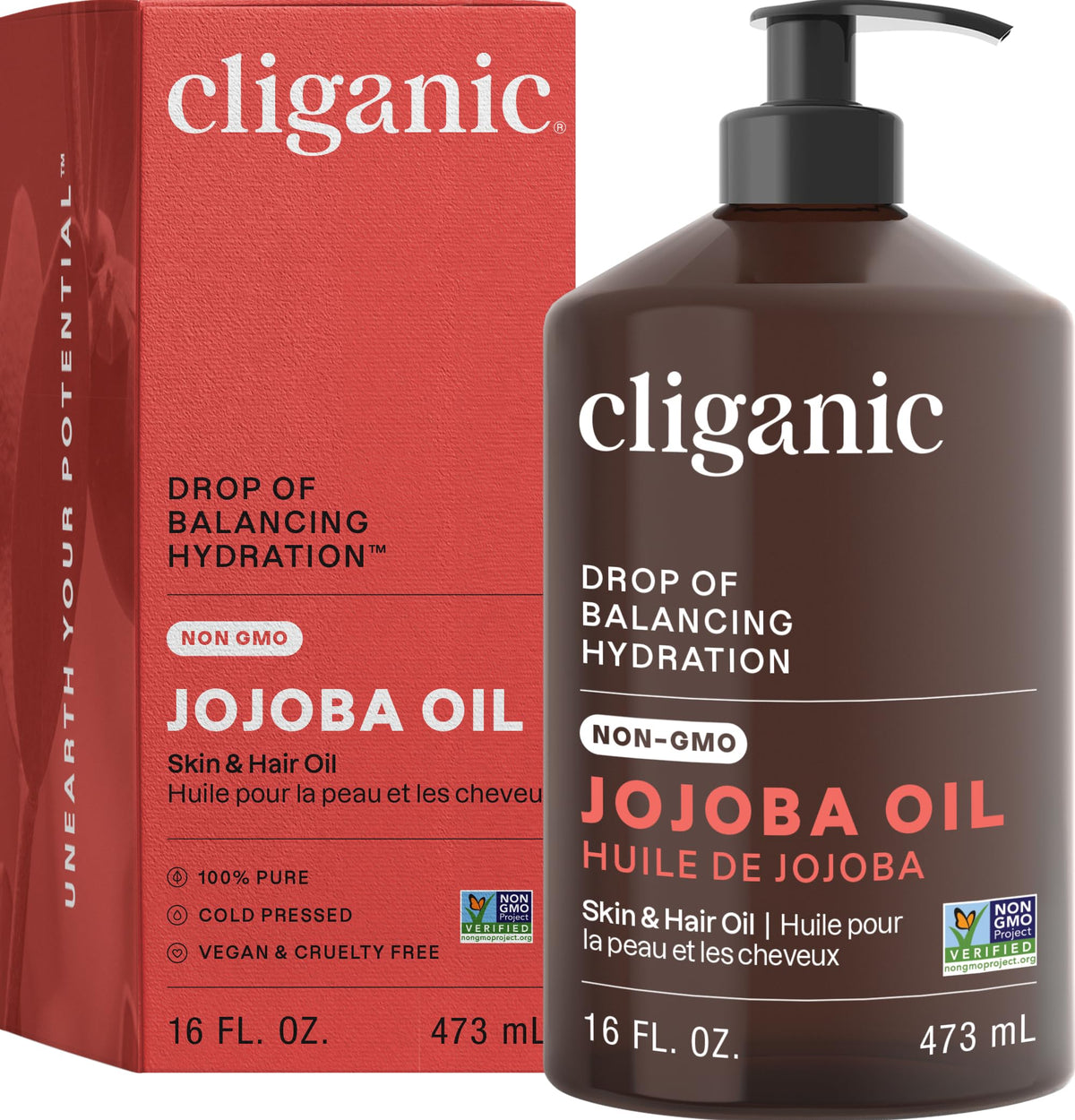 Cliganic Jojoba Oil bulk 16oz with pump for versatile skincare and hair care.