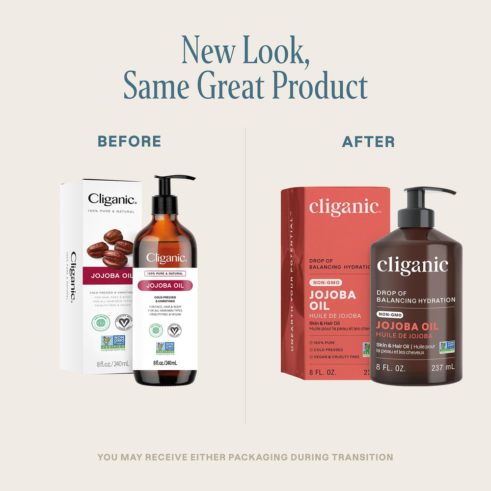 Cliganic jojoba oil face-application closeup showing fast absorption.