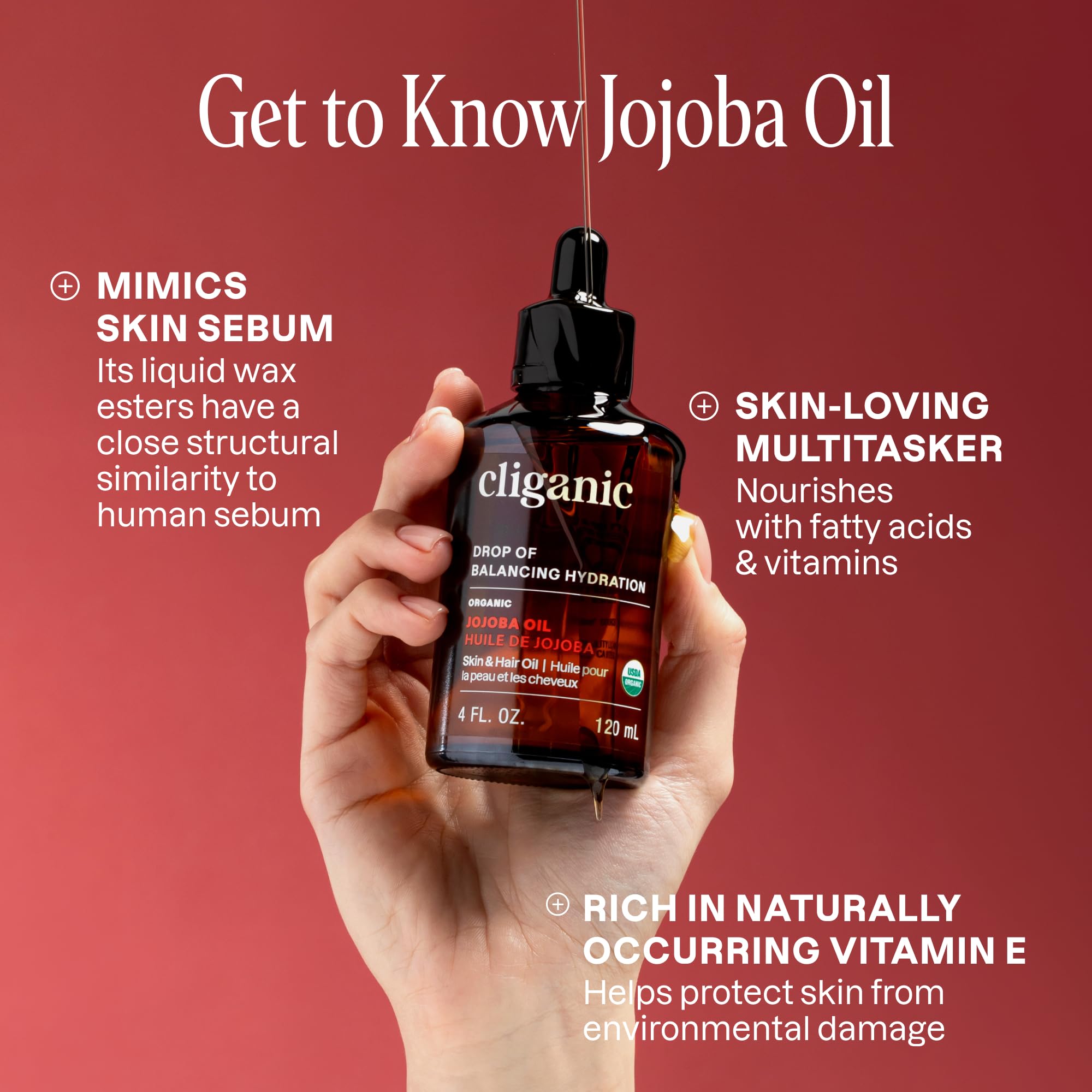 Cliganic Jojoba Oil for hair care, helping tame frizz and enhance natural shine.
