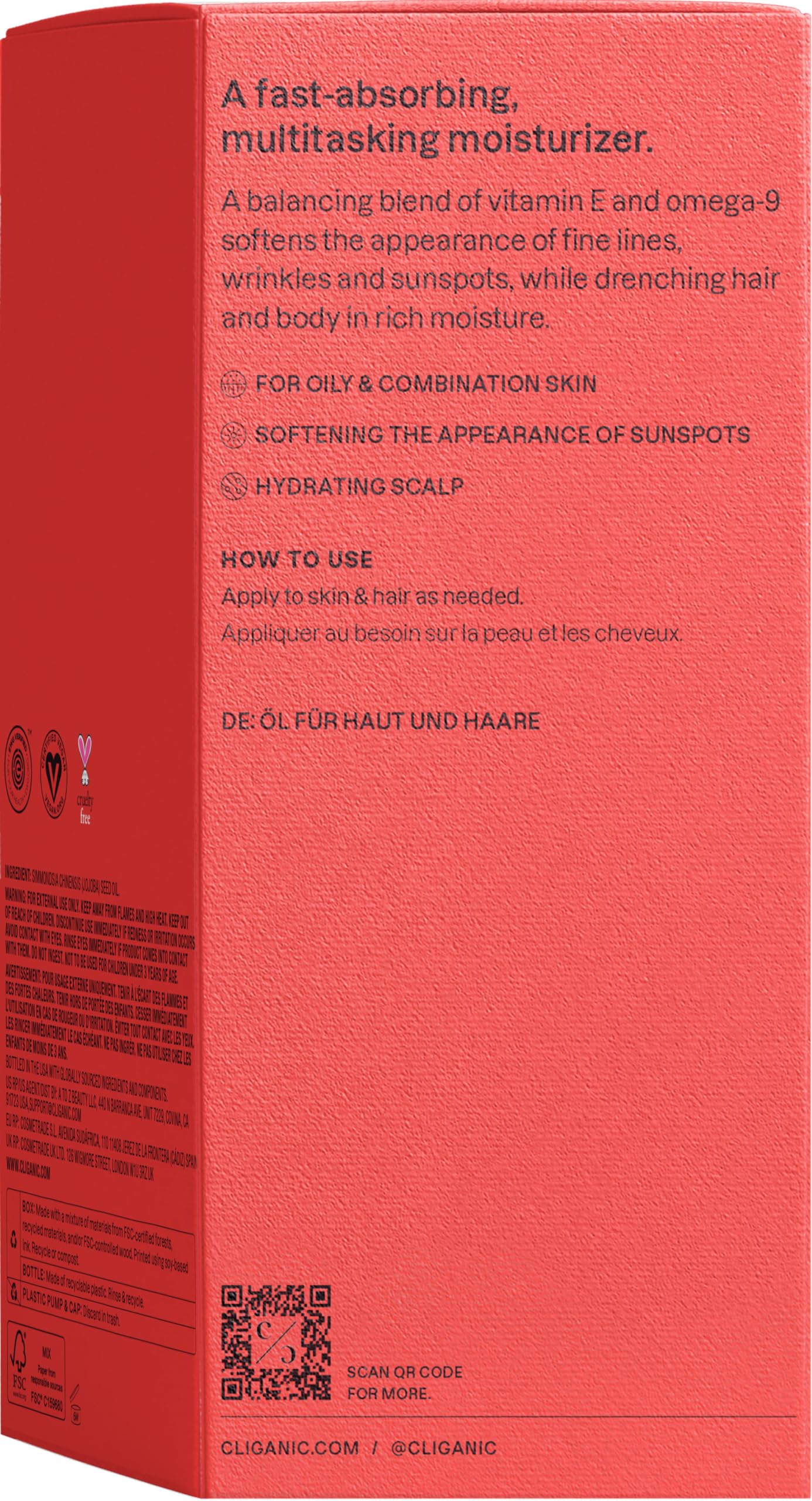 Cliganic Jojoba Oil hexane-free badge confirms pure processing without chemicals.