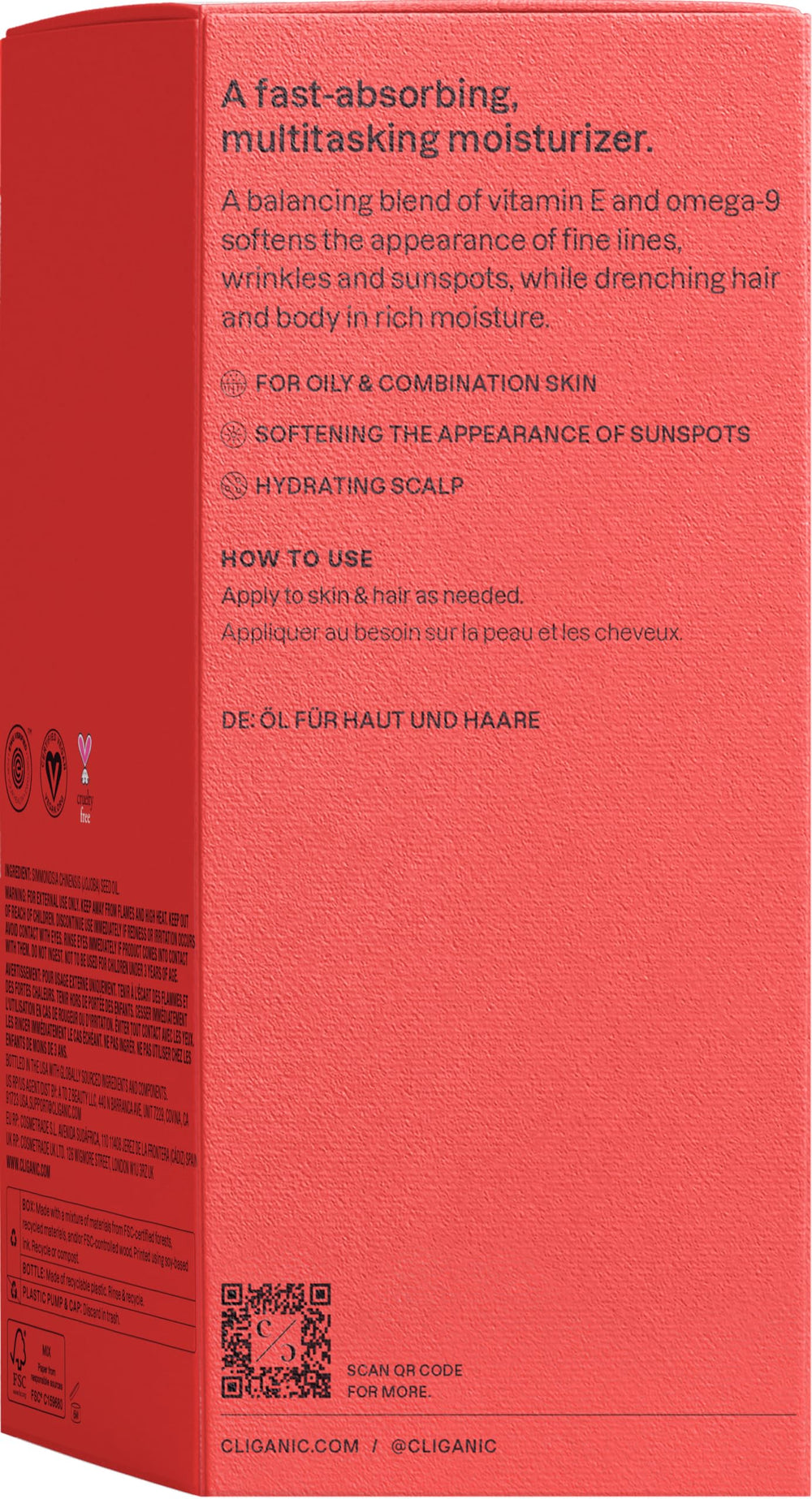 Cliganic Jojoba Oil hexane-free badge confirms pure processing without chemicals.